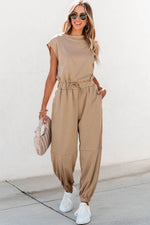 Load image into Gallery viewer, Light French Beige Cap Sleeve Open Back Drawstring Jogger Jumpsuit - Fashion Queen -  5
