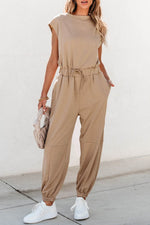 Load image into Gallery viewer, Light French Beige Cap Sleeve Open Back Drawstring Jogger Jumpsuit - Fashion Queen -  6
