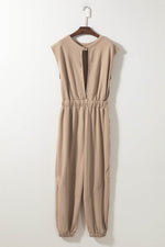 Load image into Gallery viewer, Light French Beige Cap Sleeve Open Back Drawstring Jogger Jumpsuit - Fashion Queen -  8
