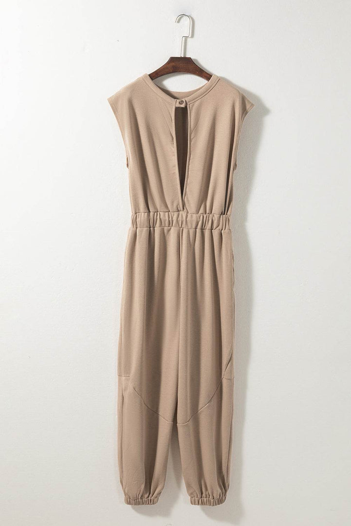 Light French Beige Cap Sleeve Open Back Drawstring Jogger Jumpsuit - Fashion Queen -  8