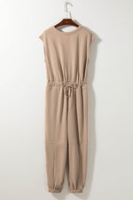 Load image into Gallery viewer, Light French Beige Cap Sleeve Open Back Drawstring Jogger Jumpsuit - Fashion Queen -  9
