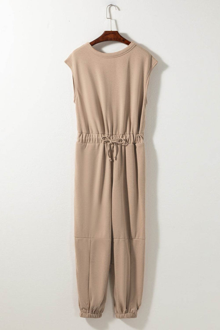 Light French Beige Cap Sleeve Open Back Drawstring Jogger Jumpsuit - Fashion Queen -  9