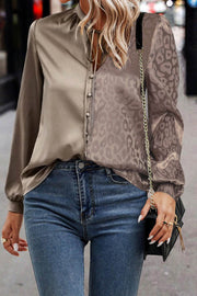 Light French Beige Contrast Half Leopard Jacquard Satin Blouse - Fashion Queen -  1