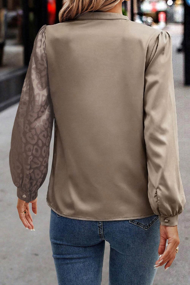 Light French Beige Contrast Half Leopard Jacquard Satin Blouse - Fashion Queen -  2