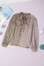 Load image into Gallery viewer, Light French Beige Contrast Half Leopard Jacquard Satin Blouse - Fashion Queen -  3
