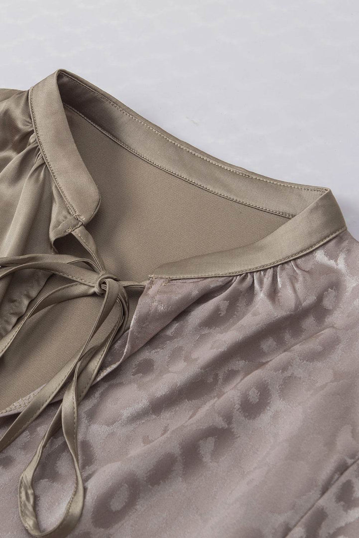 Light French Beige Contrast Half Leopard Jacquard Satin Blouse - Fashion Queen -  5