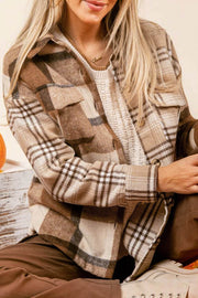 Light French Beige Flannel Plaid Double Flap Pocket Shacket - Fashion Queen -  1