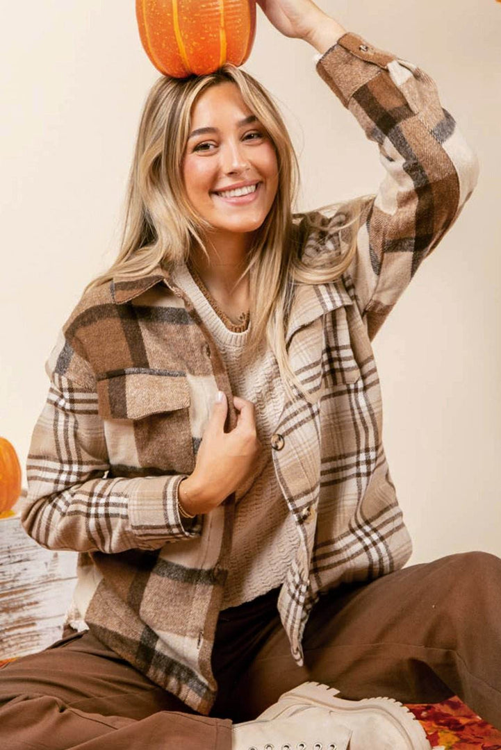 Light French Beige Flannel Plaid Double Flap Pocket Shacket - Fashion Queen -  3