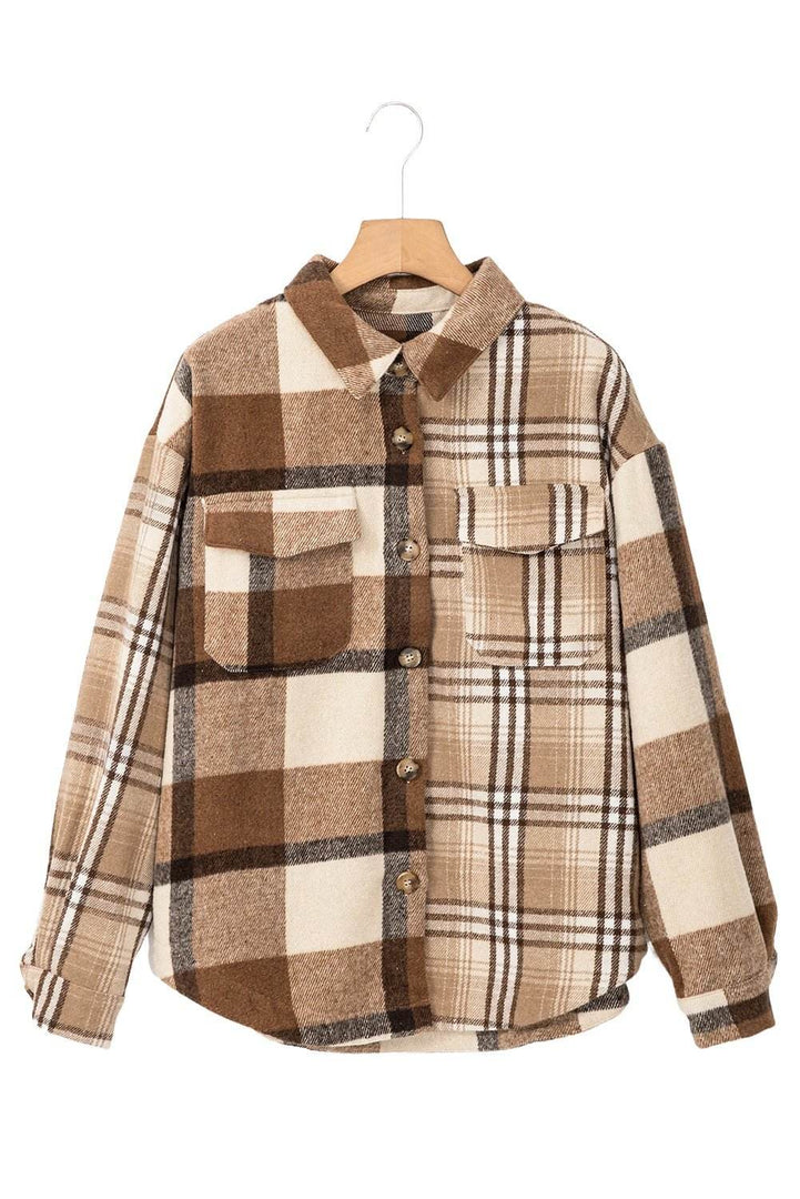 Light French Beige Flannel Plaid Double Flap Pocket Shacket - Fashion Queen -  5