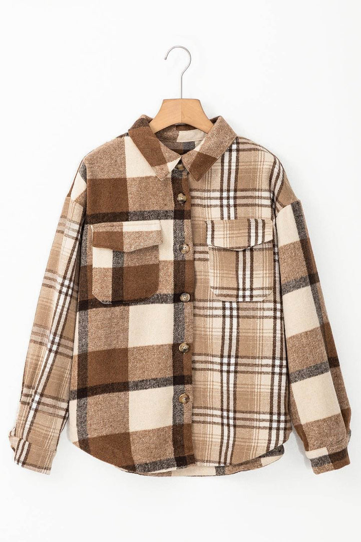 Light French Beige Flannel Plaid Double Flap Pocket Shacket - Fashion Queen -  6