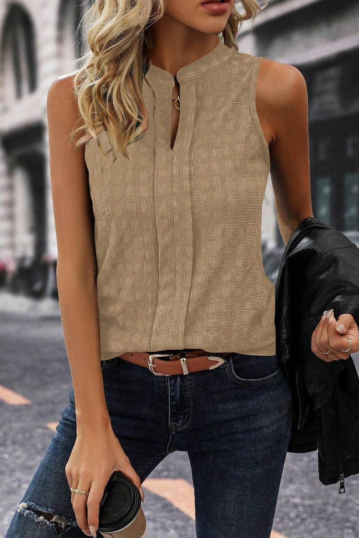 Light French Beige Lattice Textured Split Neck Tank Top - Fashion Queen -  13