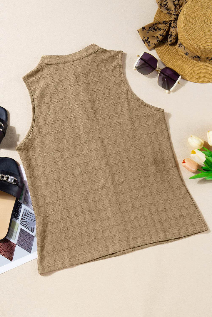 Light French Beige Lattice Textured Split Neck Tank Top - Fashion Queen -  15