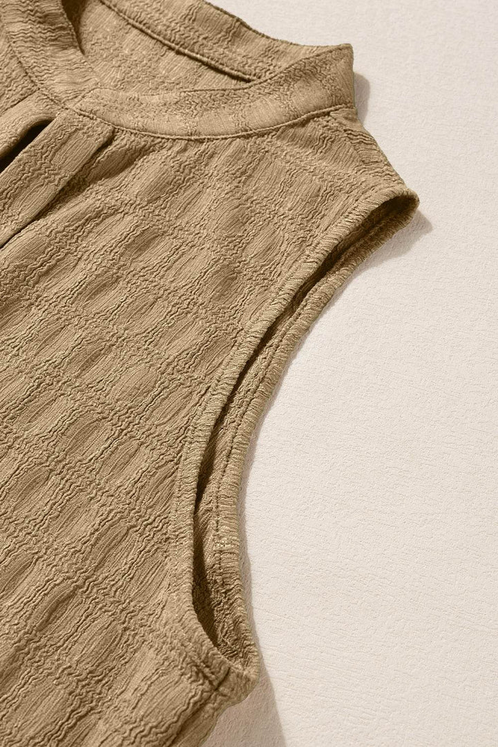Light French Beige Lattice Textured Split Neck Tank Top - Fashion Queen -  19