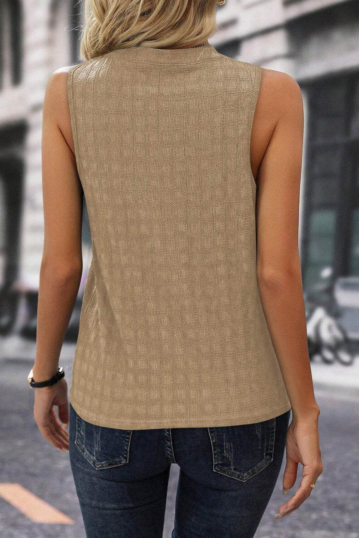 Light French Beige Lattice Textured Split Neck Tank Top - Fashion Queen -  2