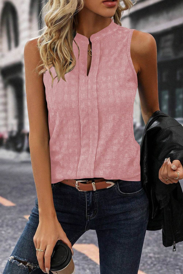 Light French Beige Lattice Textured Split Neck Tank Top - Fashion Queen -  21