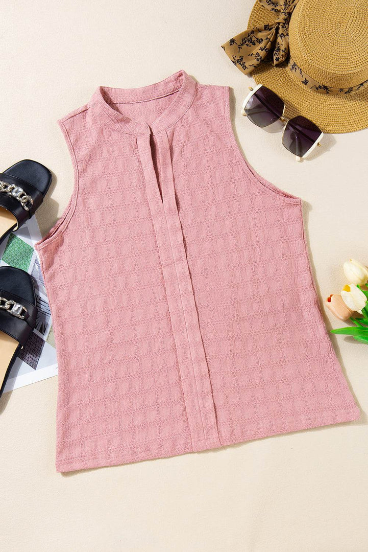 Light French Beige Lattice Textured Split Neck Tank Top - Fashion Queen -  22
