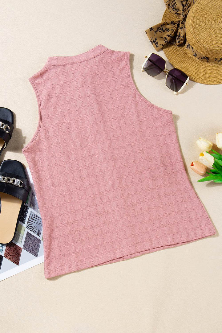 Light French Beige Lattice Textured Split Neck Tank Top - Fashion Queen -  23