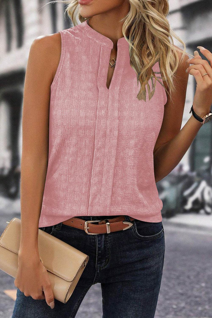 Light French Beige Lattice Textured Split Neck Tank Top - Fashion Queen -  6