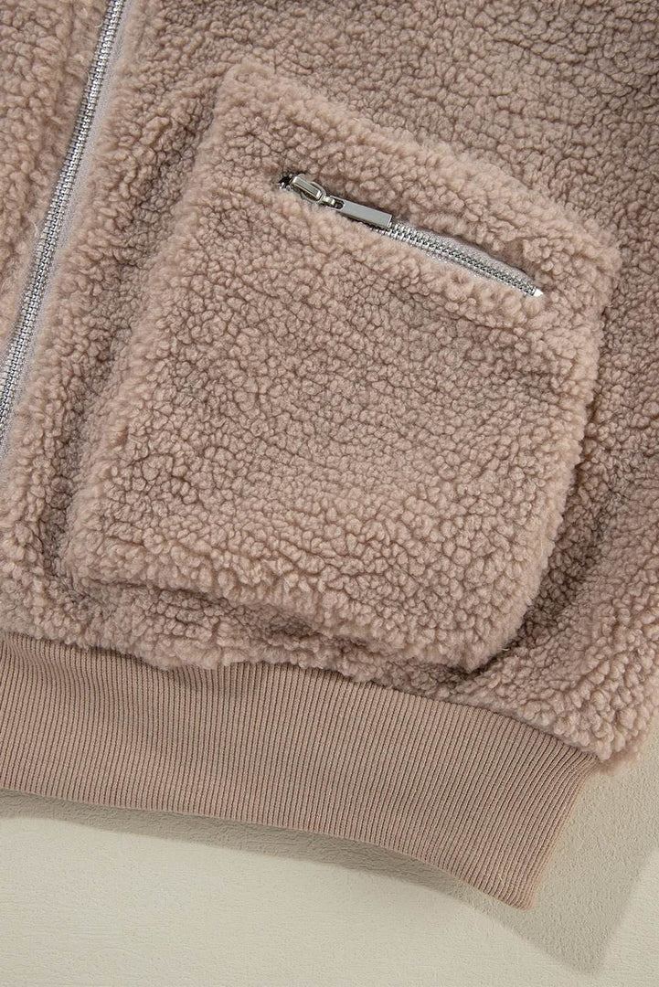 Light French Beige Zipper Pocketed Winter Fuzzy Jacket - Fashion Queen -  11