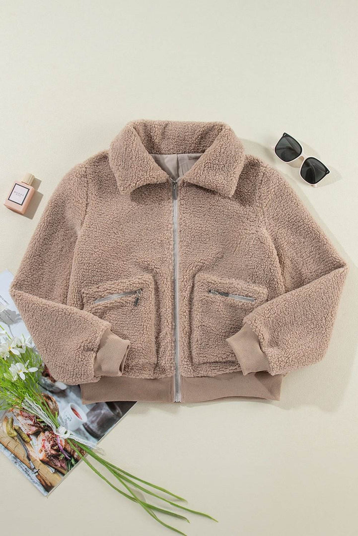 Light French Beige Zipper Pocketed Winter Fuzzy Jacket - Fashion Queen -  5