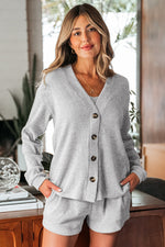 Load image into Gallery viewer, Light Grey 3 Pieces Rib Crop Camisole Matching Shorts Lounge Set with Cardigan - Fashion Queen -  13
