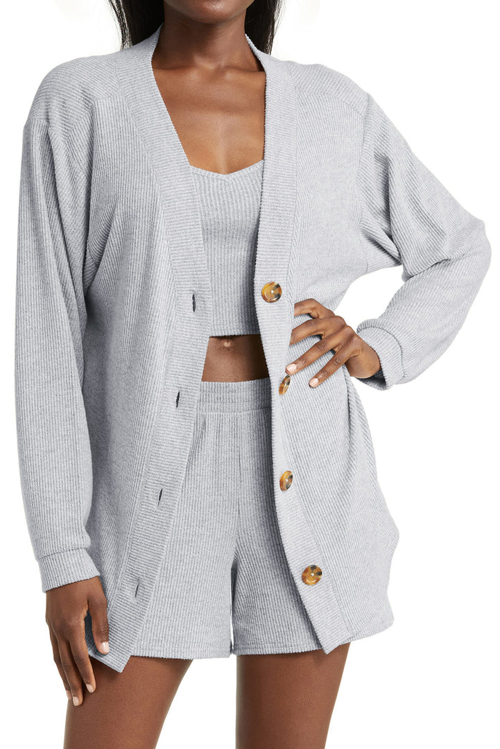 Light Grey 3 Pieces Rib Crop Camisole Matching Shorts Lounge Set with Cardigan - Fashion Queen -  24