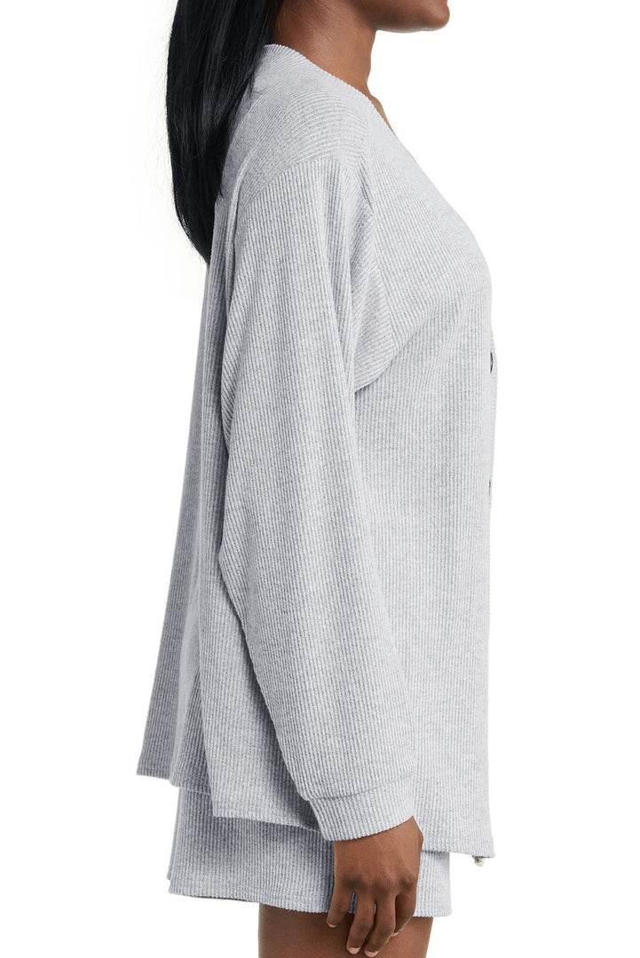 Light Grey 3 Pieces Rib Crop Camisole Matching Shorts Lounge Set with Cardigan - Fashion Queen -  25