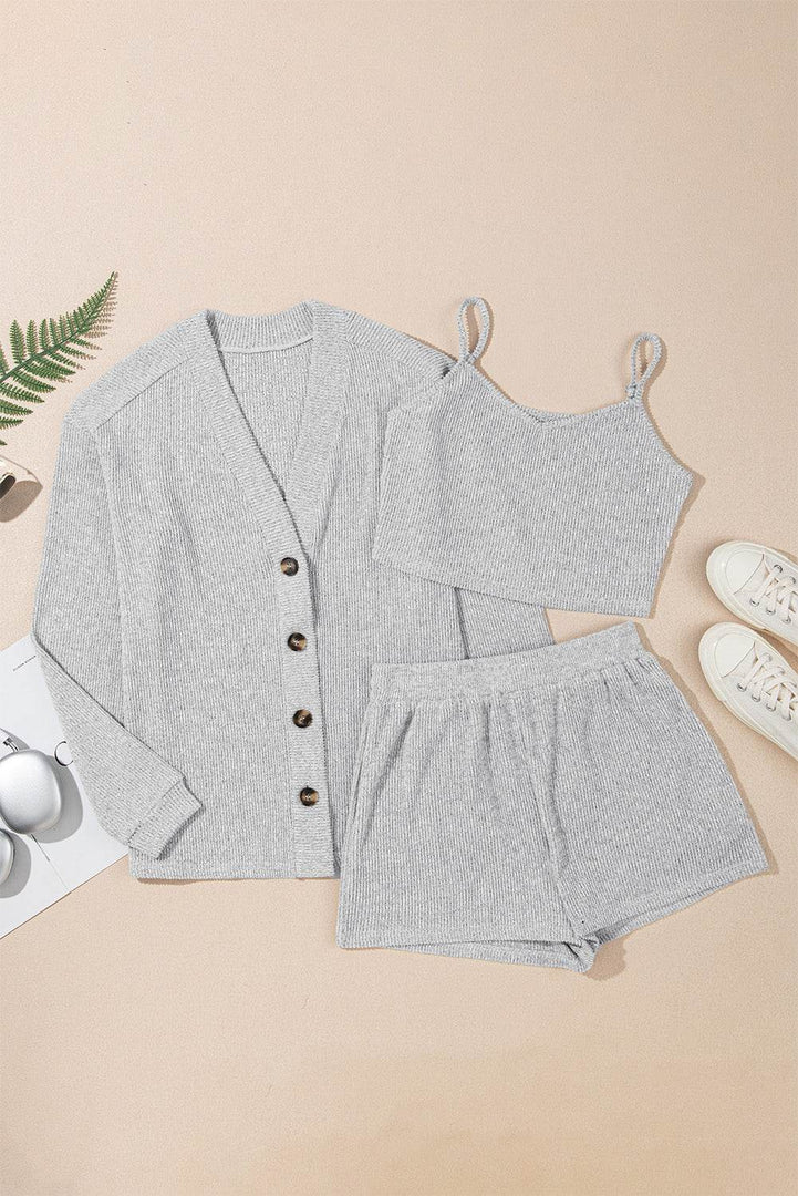 Light Grey 3 Pieces Rib Crop Camisole Matching Shorts Lounge Set with Cardigan - Fashion Queen -  3