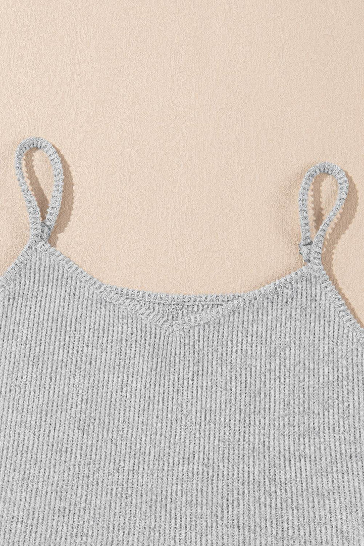 Light Grey 3 Pieces Rib Crop Camisole Matching Shorts Lounge Set with Cardigan - Fashion Queen -  6