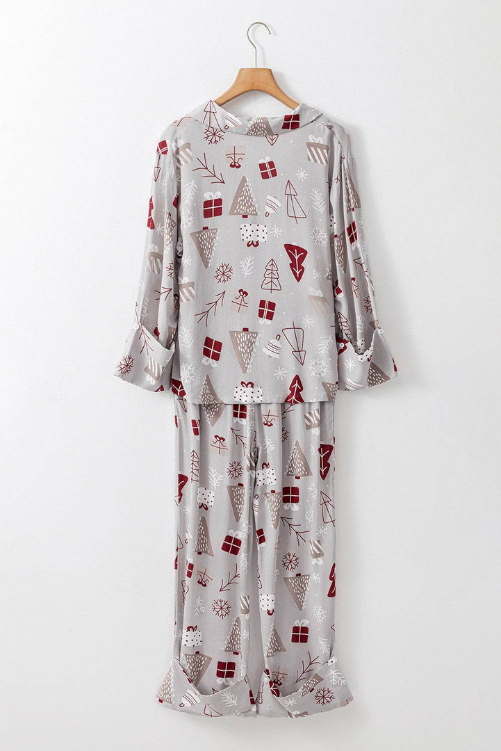 Light Grey Christmas Printed Shirt and Pants Pajama Set - Fashion Queen -  10
