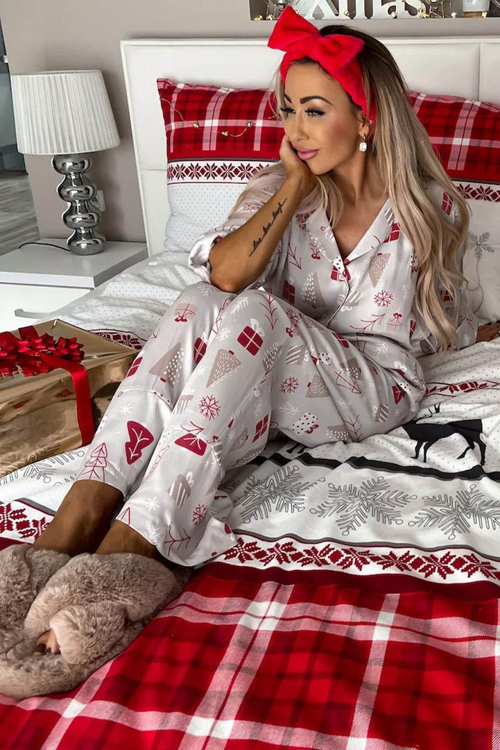 Light Grey Christmas Printed Shirt and Pants Pajama Set - Fashion Queen -  3