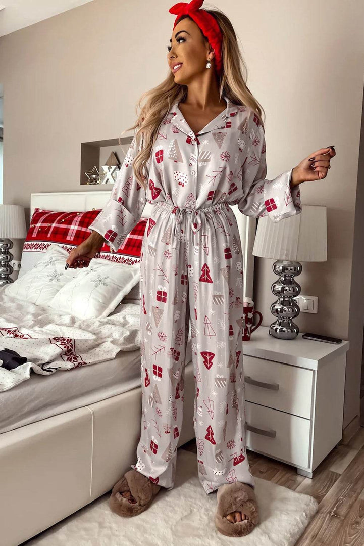 Light Grey Christmas Printed Shirt and Pants Pajama Set - Fashion Queen -  7