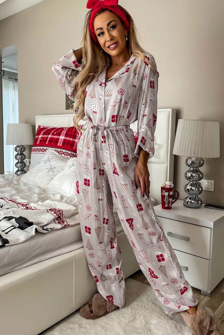Light Grey Christmas Printed Shirt and Pants Pajama Set - Fashion Queen -  8
