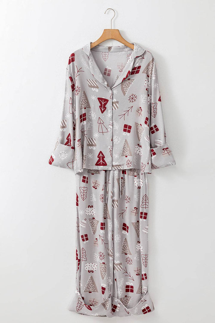 Light Grey Christmas Printed Shirt and Pants Pajama Set - Fashion Queen -  9