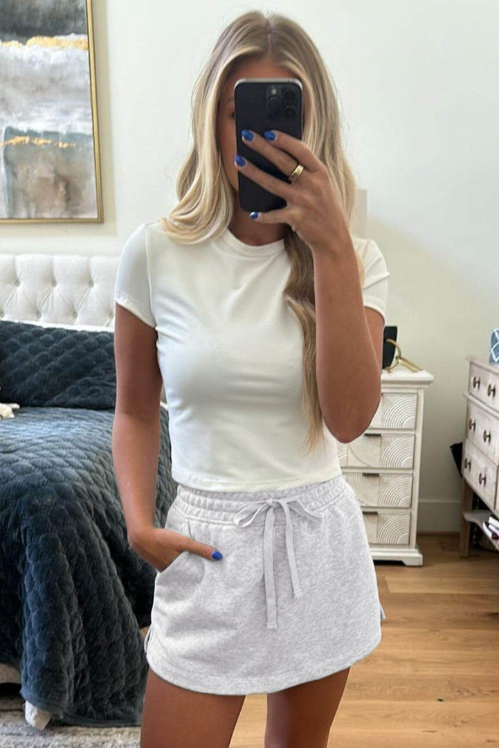 Light Grey French Terry Drawstring Mini Skort with Pockets - Fashion Queen -  6
