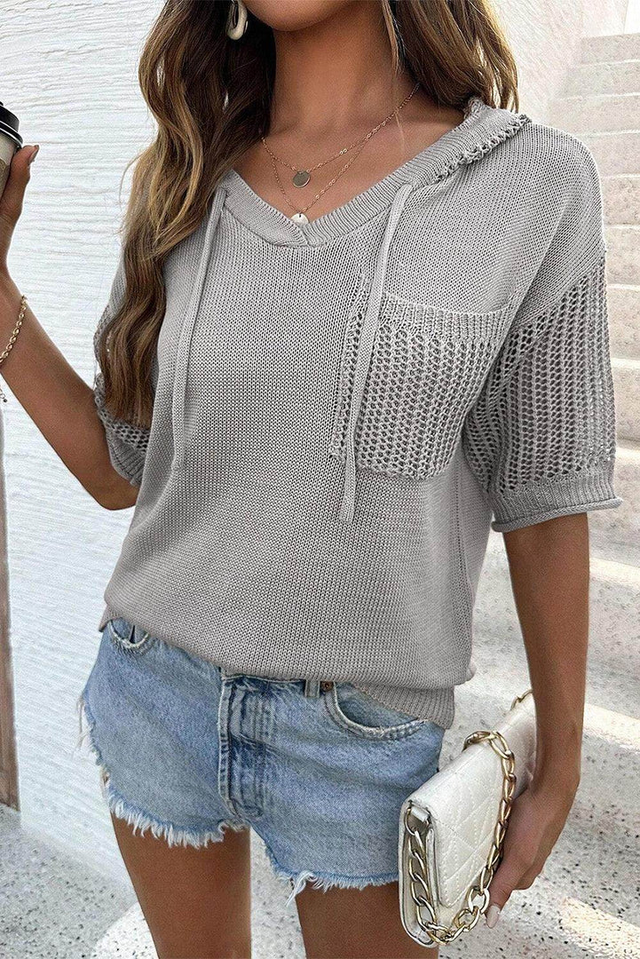 Light Grey Openwork Drawstring Hooded Short Sleeve Sweater Top - Fashion Queen -  1