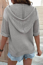 Load image into Gallery viewer, Light Grey Openwork Drawstring Hooded Short Sleeve Sweater Top - Fashion Queen -  2
