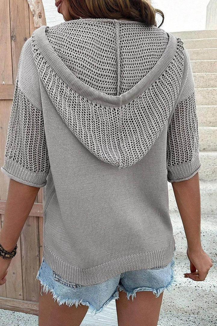 Light Grey Openwork Drawstring Hooded Short Sleeve Sweater Top - Fashion Queen -  2