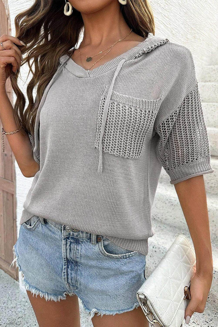 Light Grey Openwork Drawstring Hooded Short Sleeve Sweater Top - Fashion Queen -  4