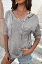 Load image into Gallery viewer, Light Grey Openwork Drawstring Hooded Short Sleeve Sweater Top - Fashion Queen -  5

