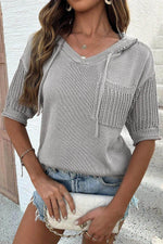 Load image into Gallery viewer, Light Grey Openwork Drawstring Hooded Short Sleeve Sweater Top - Fashion Queen -  6
