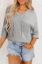 Load image into Gallery viewer, Light Grey Openwork Drawstring Hooded Short Sleeve Sweater Top - Fashion Queen -  7
