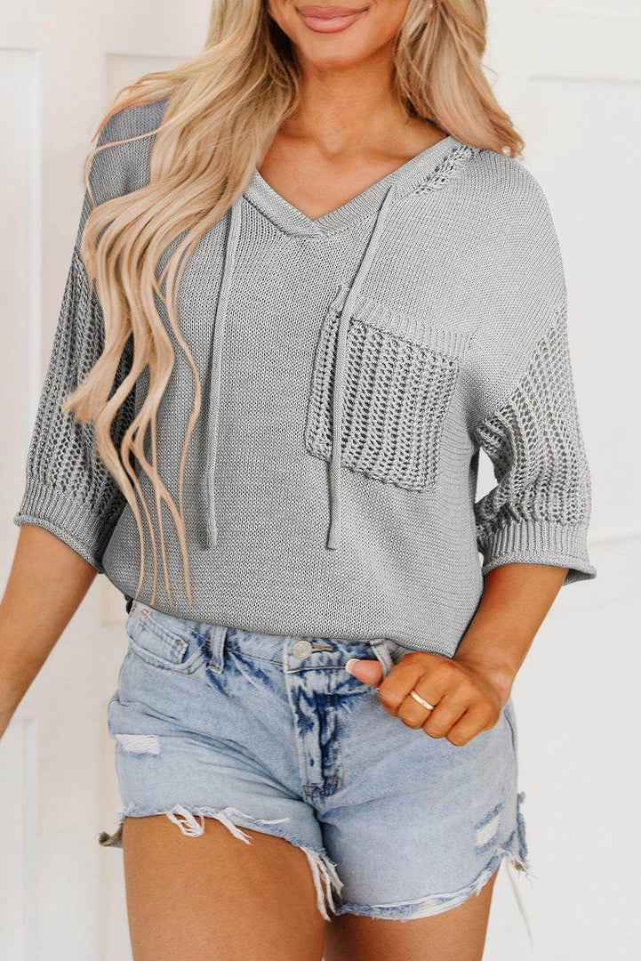 Light Grey Openwork Drawstring Hooded Short Sleeve Sweater Top - Fashion Queen -  7