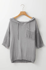 Load image into Gallery viewer, Light Grey Openwork Drawstring Hooded Short Sleeve Sweater Top - Fashion Queen -  8
