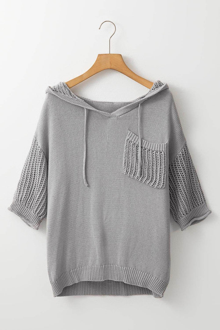 Light Grey Openwork Drawstring Hooded Short Sleeve Sweater Top - Fashion Queen -  8