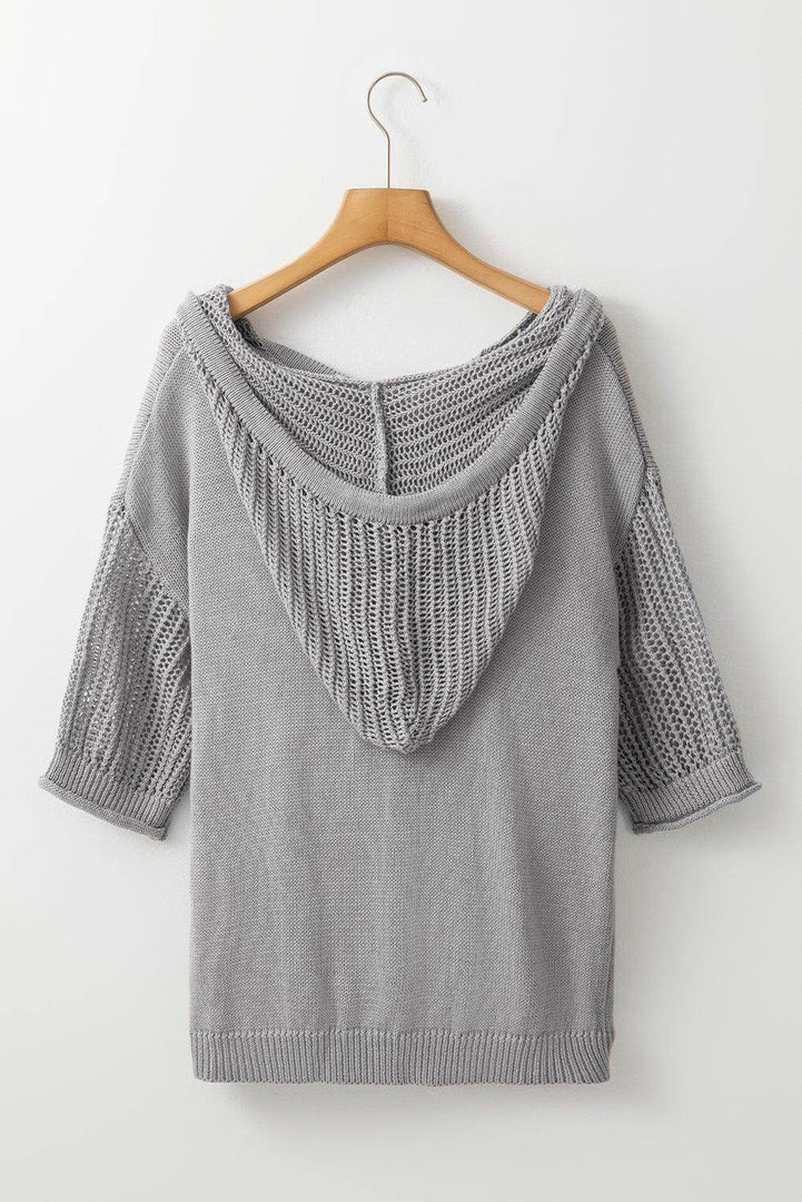 Light Grey Openwork Drawstring Hooded Short Sleeve Sweater Top - Fashion Queen -  9