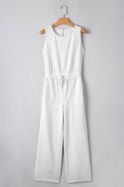 Light Grey Solid Color Crew Neck Drawstring High Waist Sleeveless Jumpsuit - Fashion Queen -  1
