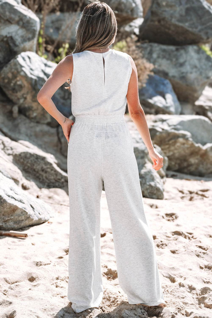 Light Grey Solid Color Crew Neck Drawstring High Waist Sleeveless Jumpsuit - Fashion Queen -  11