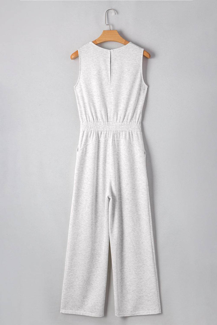 Light Grey Solid Color Crew Neck Drawstring High Waist Sleeveless Jumpsuit - Fashion Queen -  2