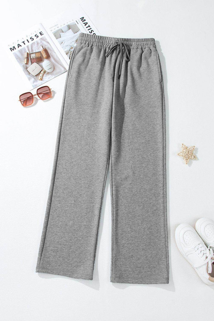 Light Grey Solid Color Fleece Lined Drawstring Waist Casual Pants - Fashion Queen -  12